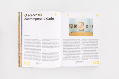 Página interna do livro "Pinacoteca de São Paulo – 120 anos", mostrando o texto "O acervo e a contemporaneidade" de Yuri Quevedo.